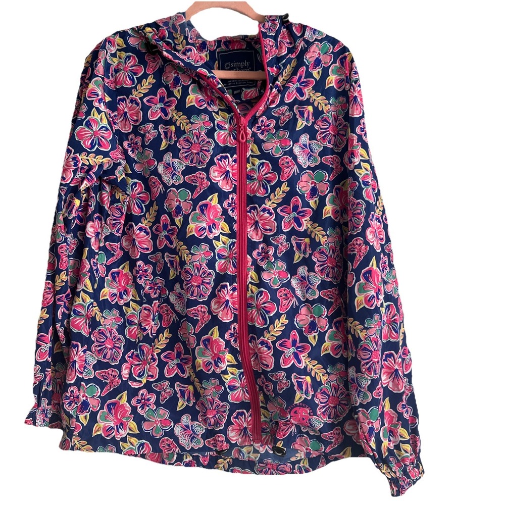 Simply Southern Floral Pink Womens Hooded Windbreaker Raincoat Full Zip Large